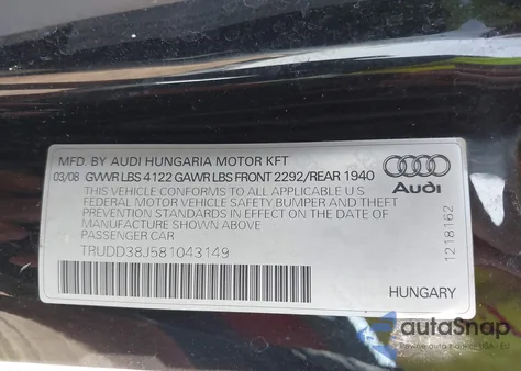 2008 Audi Tt 3.2 из США, поврежденный, VIN TRUDD38J581043149